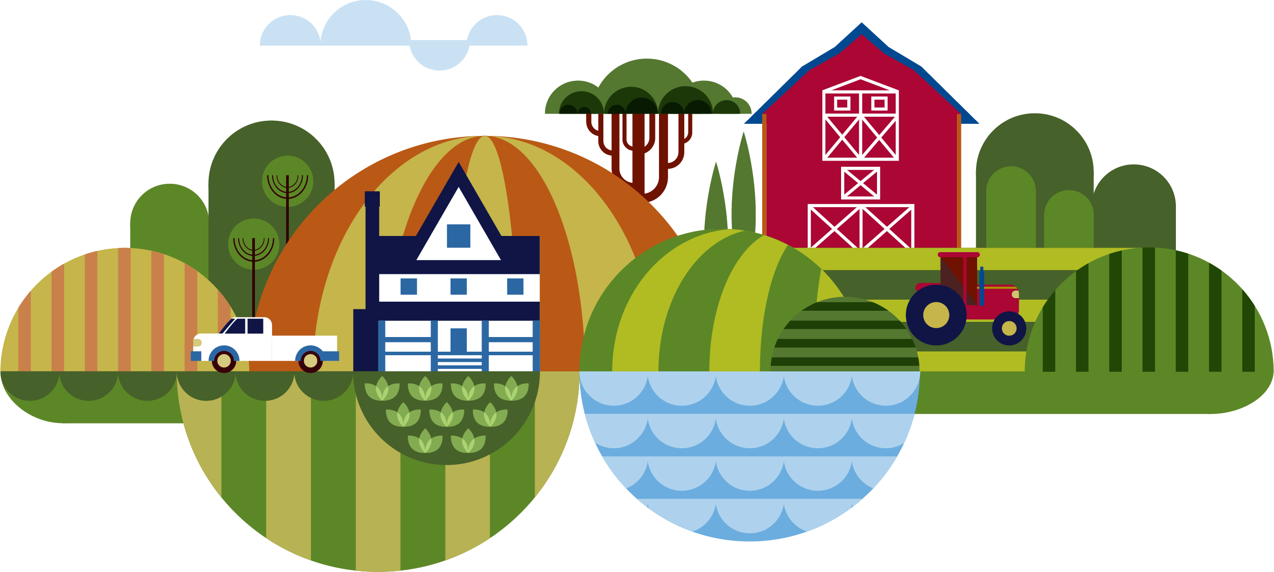 Illustration of a Midwestern farm with barn, farmhouse, fields and tractor